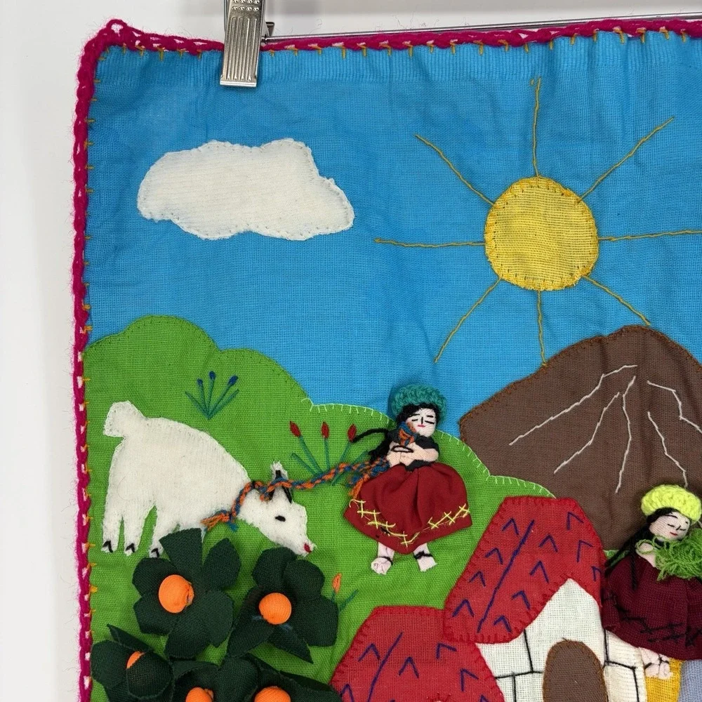 Vtg Folk Art 3D Textile Tapestry Peruvian Arpillera Handmade 19.5